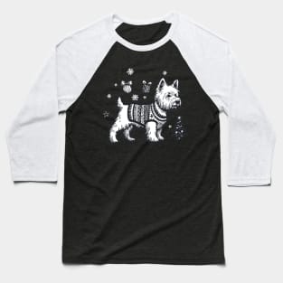 Black and White Westie Christmas Design - West Highland Terrier - Cartoon Dog Holiday Drawing Baseball T-Shirt